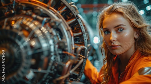 A close-up view reveals a Caucasian female manager supervising a male engineer working on a jet engine inside an aircraft hangar