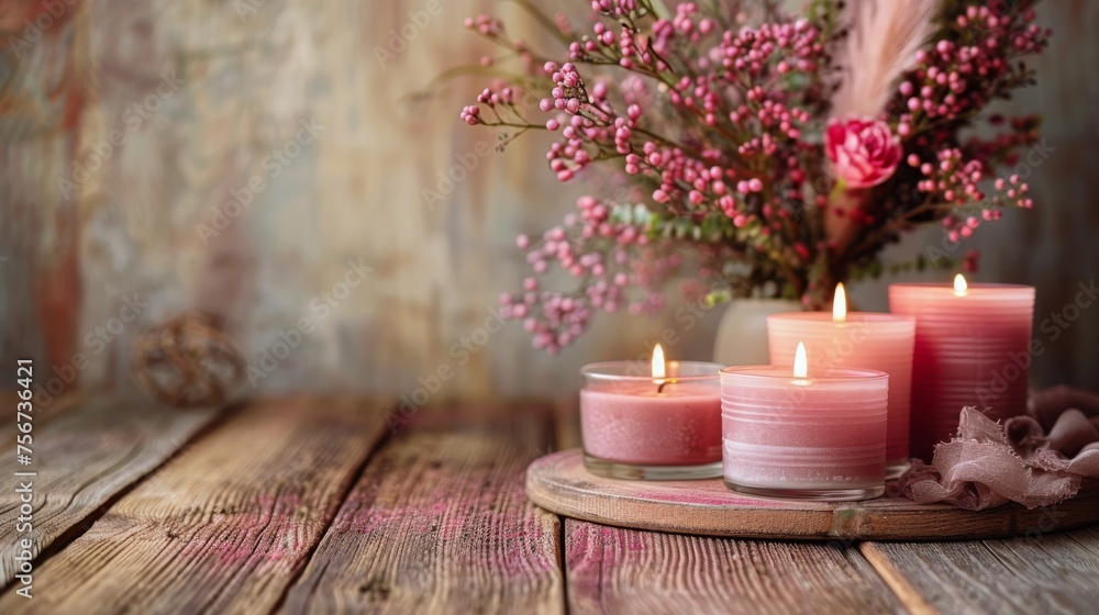 Group of Pink Candles on Wooden Table