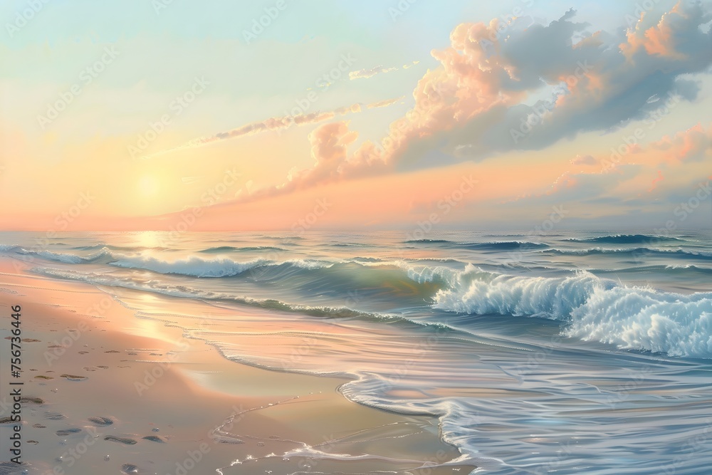 ultra-realistic depiction of a pristine beach at sunrise, with gentle waves lapping against the shore and the sky ablaze with pastel colors, capturing the essence of coastal tranquility.