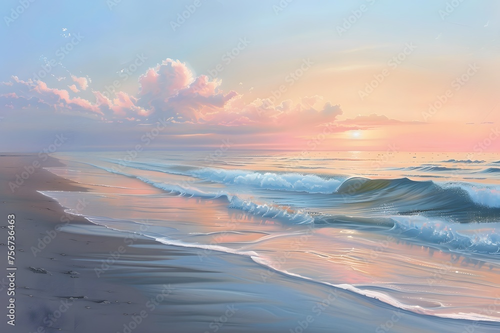 ultra-realistic depiction of a pristine beach at sunrise, with gentle waves lapping against the shore and the sky ablaze with pastel colors, capturing the essence of coastal tranquility. - obrazy, fototapety, plakaty 