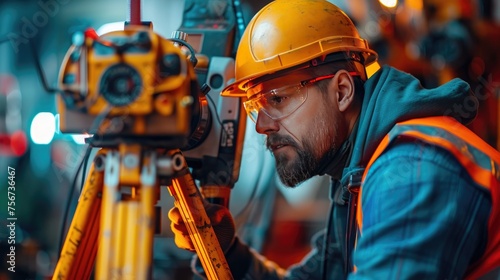 A close-up view of a surveyor or site engineer using a theodolite total station for precise measurements at an outdoor construction site photo