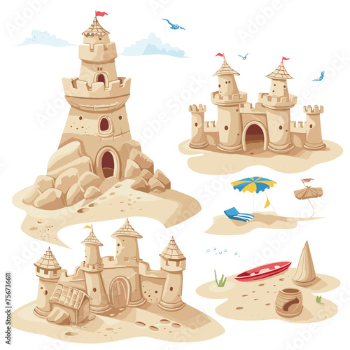 sand castle summer , kids beach vacation vector graphic, white background