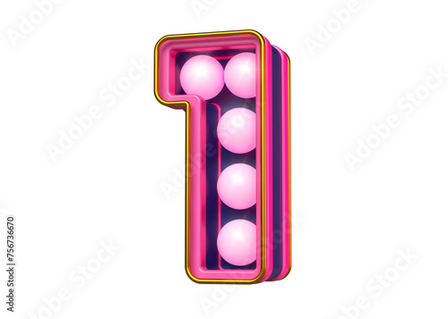 Ligh bulb marquee typography digit number 1 in flurescent pink, gold and dark blue. High quality 3D rendering. photo