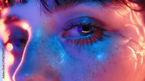 Close up of a person's eye with blue light. Suitable for technology concepts