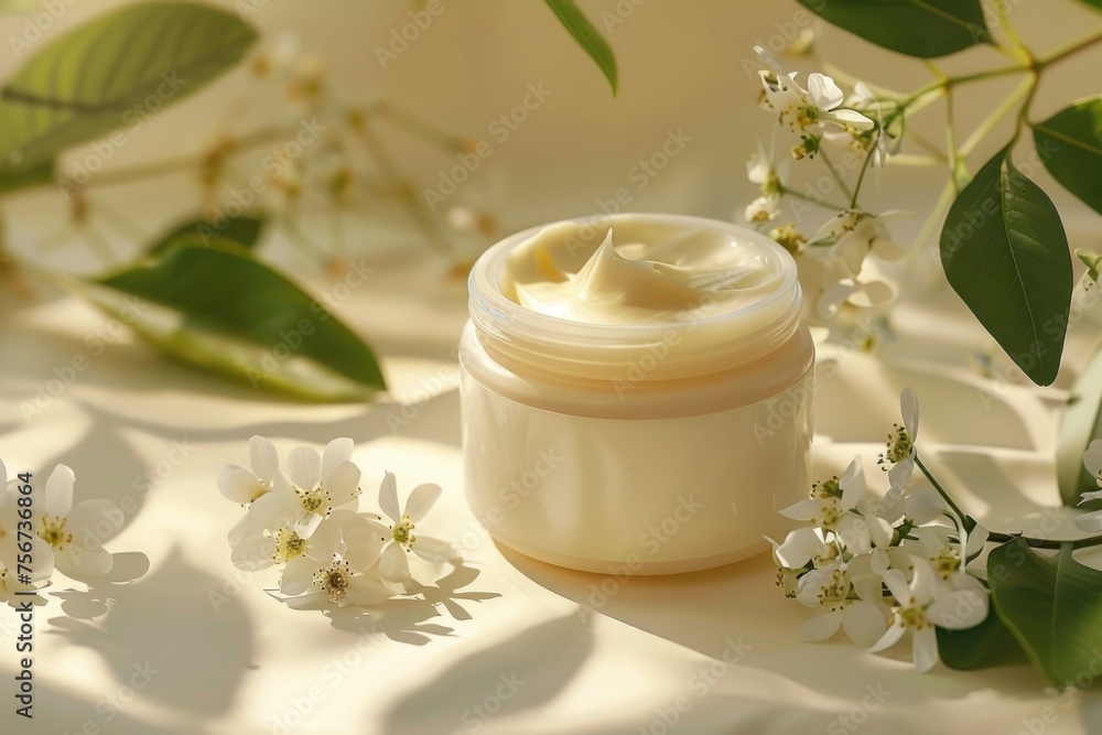 A jar of cream surrounded by flowers and leaves, perfect for beauty products advertising A jar of cream surrounded by flowers and leaves, perfect for beauty products advertising