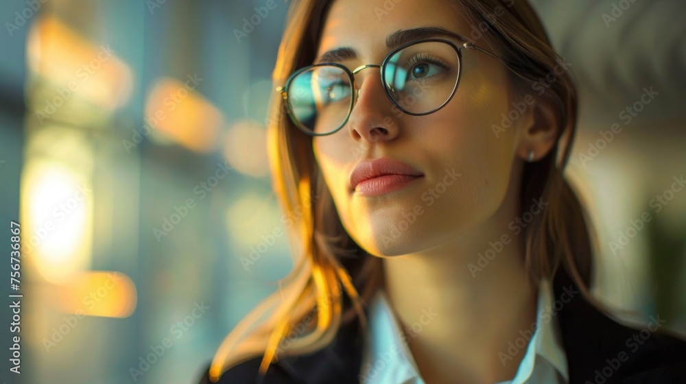 A woman wearing glasses looking off into the distance. Suitable for business and vision concepts A woman wearing glasses looking off into the distance. Suitable for business and vision concepts