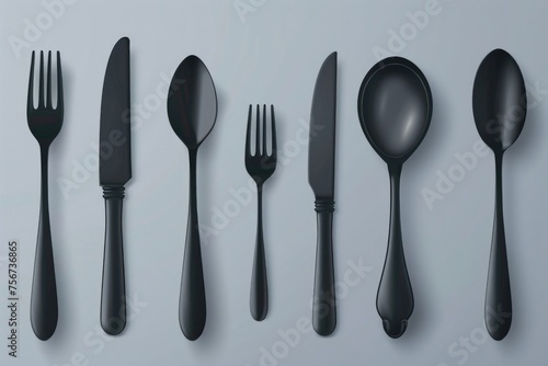 A collection of black plastic utensils and spoons. Great for party supplies or catering events