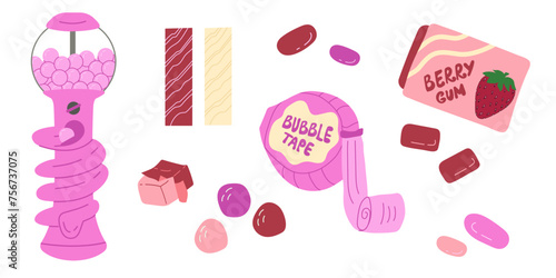 set of bubble gum strawberry candy chewing. Bubble gum machine. Vector flat illustration isolated on white background.