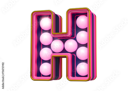 Alphabet marquee font in pink and blue. Eye-catching letter H with light bulbs design. High quality 3D rendering.