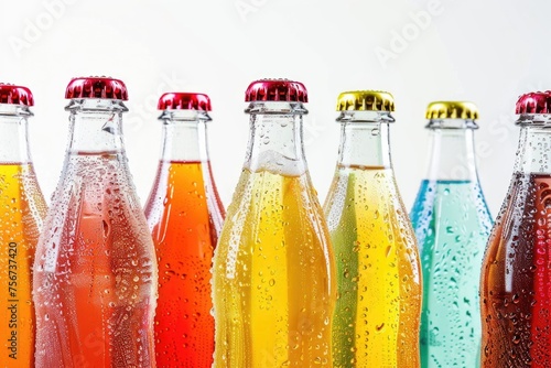 Row of soda bottles filled with different colored liquids. Great for beverage industry promotions