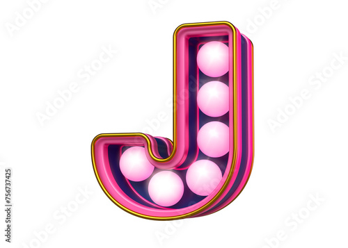 Broadway marquee letters font character J in magenta and blue. Attractive luminous font of light bulbs. High quality 3D rendering.
