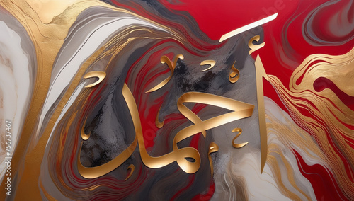 Arabic Name Calligraphy, Ahmed: Golden Elegance on Crimson Marble, AI Generative Art photo