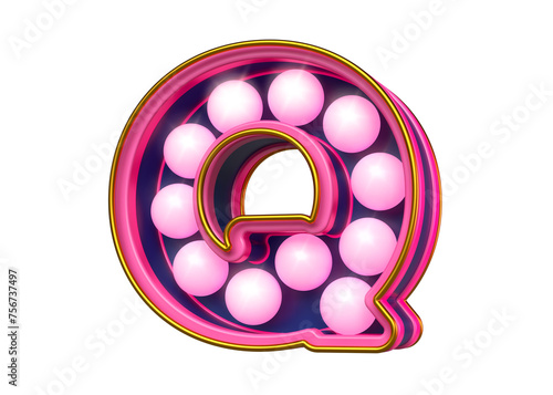 Eye catching vintage style pink and blue letter Q. 3D rendering marquee font design.