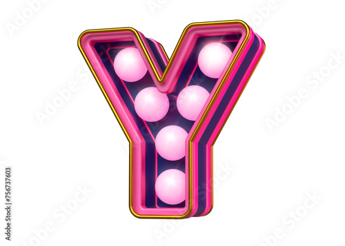 Marquee light font letter Y in pink and blue. Attractive bright bulb font. High quality 3D rendering.