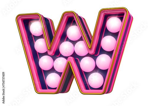 Vintage marquee lights 3D font letter W in pink and blue. High quality 3D rendering.