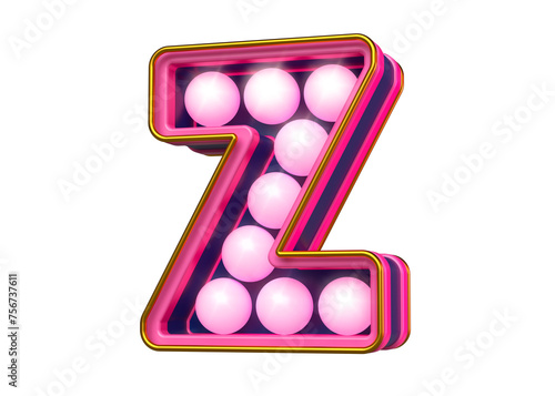 3D rendering marquee alphabet letter Z in fluorescent magenta and blue. Retro style party typography.