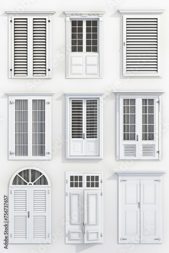 A bunch of windows with shutters. Suitable for architectural design projects