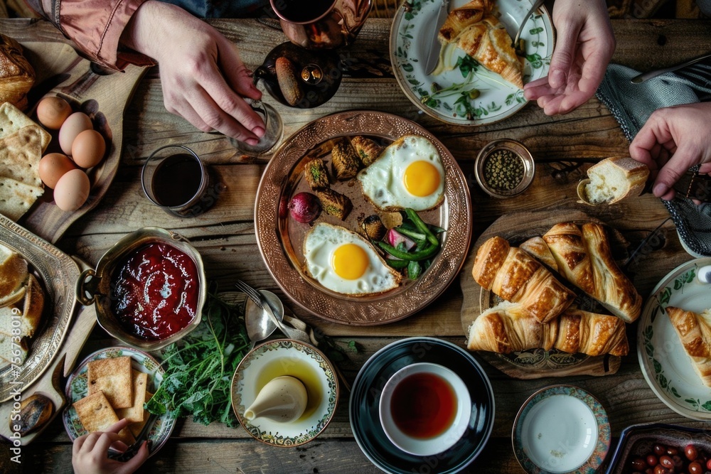 A rustic wooden table with various plates of delicious food, perfect for food blogs or restaurant promotions A rustic wooden table with various plates of delicious food, perfect for food blogs or restaurant promotions