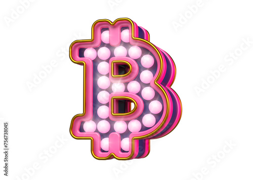 Marquee light bulbs Bitcoin logo in fluorescent pink and blue. High quality 3D rendering.
