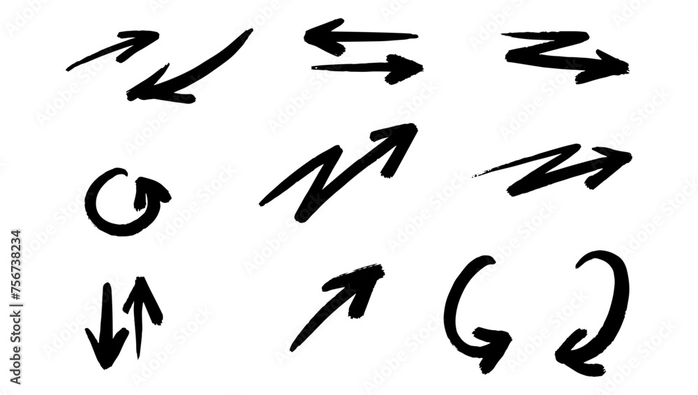 Set of different hand drawn vector arrows.