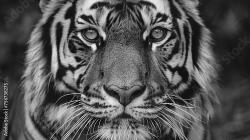 A striking black and white image of a tiger. Perfect for wildlife and animal themes