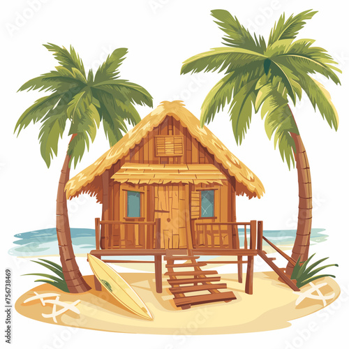 Beach shack house, Hawaiian bamboo hut bar surfboard, vector surfing bungalow