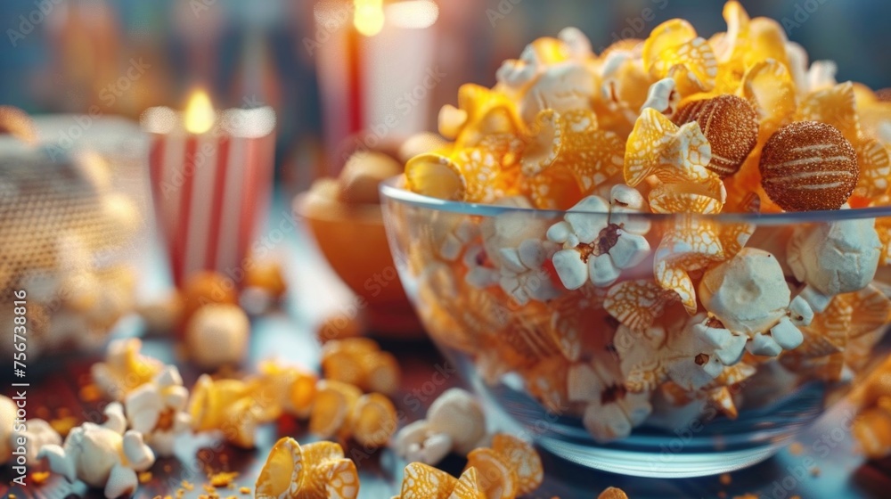 Popcorn in a glass bowl on a table, perfect for food and snack concepts - obrazy, fototapety, plakaty 