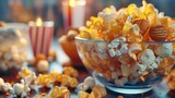 Popcorn in a glass bowl on a table, perfect for food and snack concepts