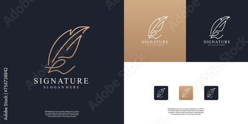 Creative line art feather, pencil, ink, author, writing, note, notary logo design template. photo