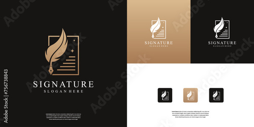 Creative book story, feather, pencil, ink, author, writing, note, notary logo design inspiration. photo