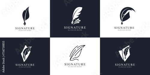 Set of quill signature logo design template. Minimalist book story, feather, pencil, inks, author, writing, note, notary and etc. photo
