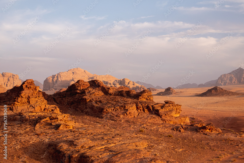 A view of the Wadi Rum desert with limestone rock formation in Jordan.