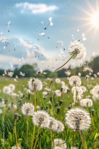 Field of dandelions blowing in the wind. Suitable for nature backgrounds