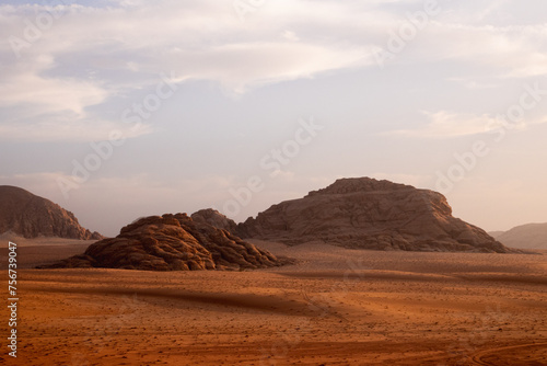 A view of the Wadi Rum desert with limestone rock formation in Jordan.