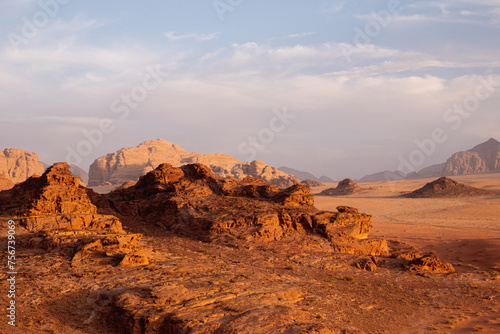 A view of the Wadi Rum desert with limestone rock formation in Jordan. © microice