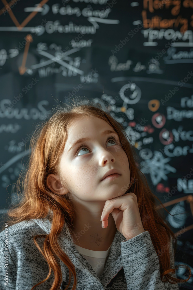 A thoughtful girl looking at math problems on a blackboard A thoughtful girl looking at math problems on a blackboard