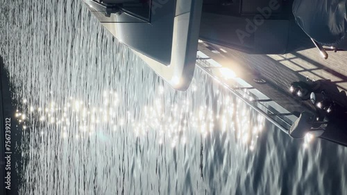 Monaco, Monte Carlo, deck of luxury mega yacht in port Hercules at sunset, sun reflections on the water surface