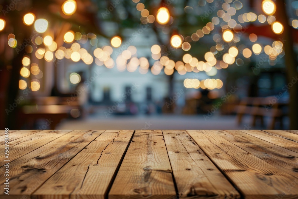 A wooden table adorned with twinkling lights, perfect for holiday decorations A wooden table adorned with twinkling lights, perfect for holiday decorations