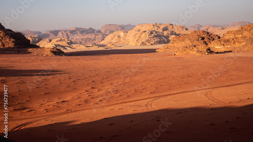 A view of the Wadi Rum desert with limestone rock formation in Jordan.