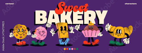 Sweet bakery mascot characters in cartoon style with gloved hands. Croissant, cupcake, bun, cookies, waffle, bright groovy vector poster