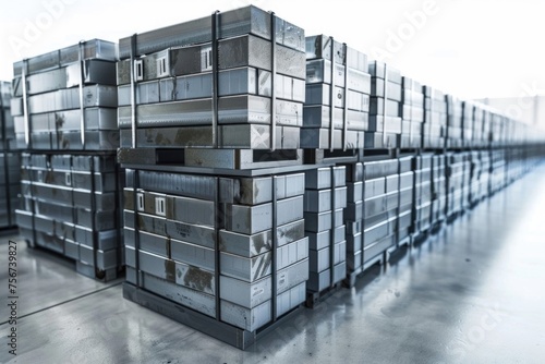 A bunch of metal boxes stacked on top of each other. Perfect for industrial and storage concepts