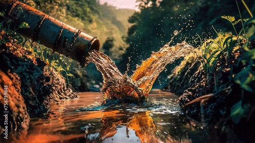 heavy pollution of the environment: a large pipe discharges dirty water into a clean river photo