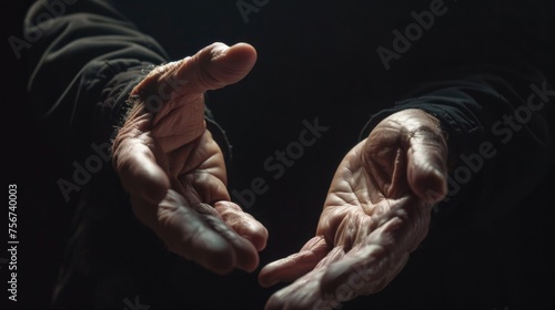 A person holding out their hands in a dark room. Suitable for concepts of help, support, and assistance