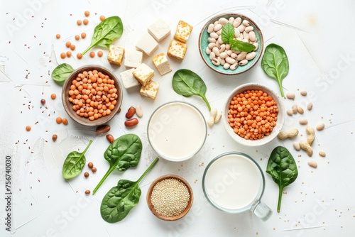 A diverse selection of food items displayed on a white table. Ideal for food-related concepts and culinary themes