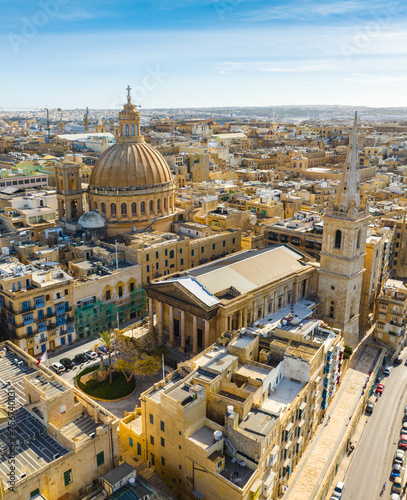 Drone view of main church, Valletta city - capital of Malta island