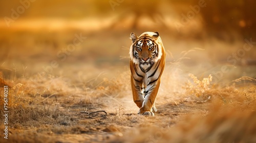 Great tiger male in the nature habitat. Tiger walk during the golden light time. Wildlife scene with danger animal. Hot summer in India. Dry area with beautiful indian tiger