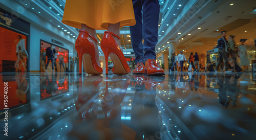 A stylish couple wearing red shoes while taking a stroll in a shopping center