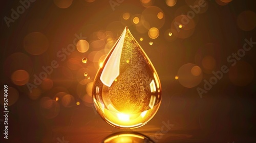 A single drop of liquid on a shimmering gold surface. Perfect for luxury and beauty concepts