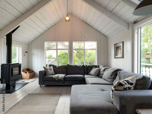 Grey sofas in room with vaulted ceiling. Scandinavian home interior design of modern living room