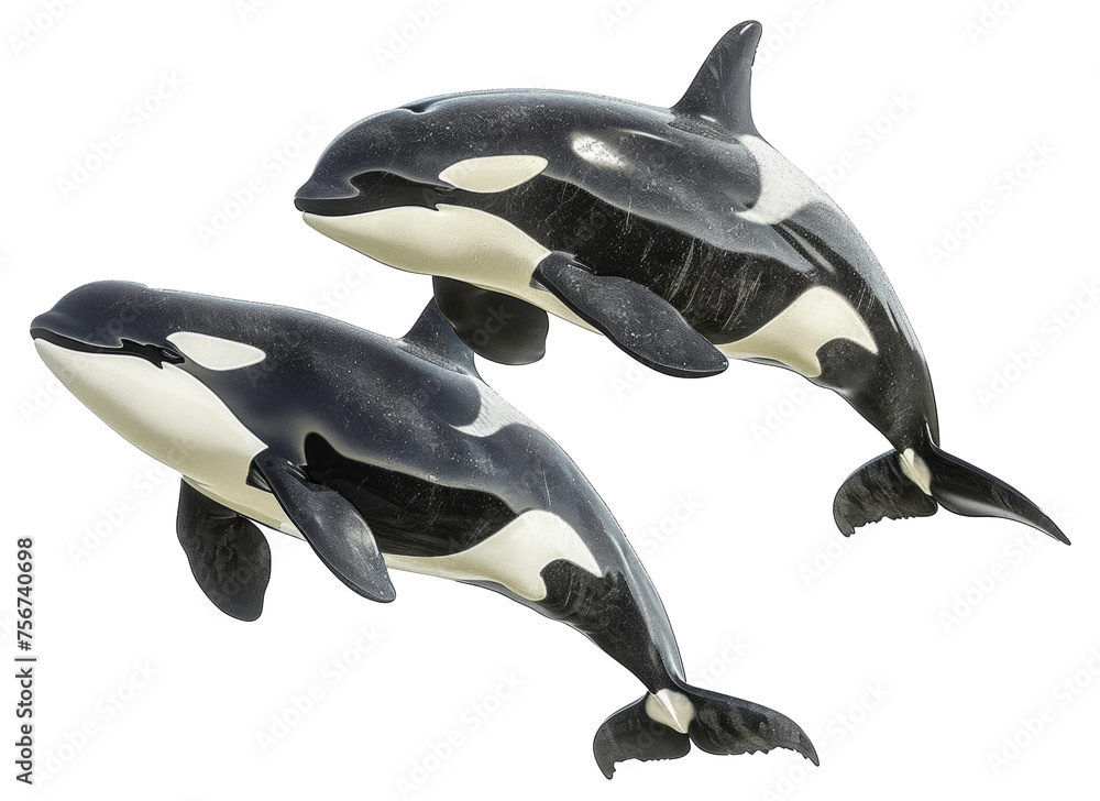 Pair of orcas swimming together in the ocean, cut out - stock png. Pair of orcas swimming together in the ocean, cut out - stock png.